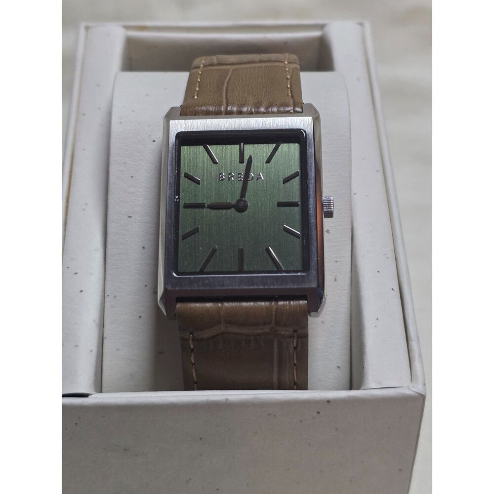 BREDA Virgil 1736j Green Dial Tank Watch Tan Leather Box NIB Unworn Tank